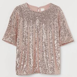 H&M | Sequin Rose Gold Short Sleeve Top Size Small